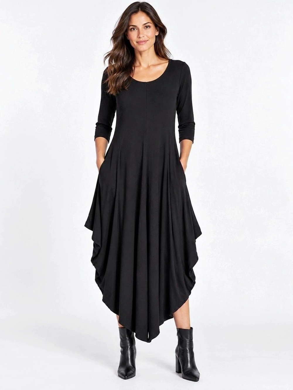 Barbara Lesser Black Lagenlook Cocoon Draped Dress M Pockets Made USA